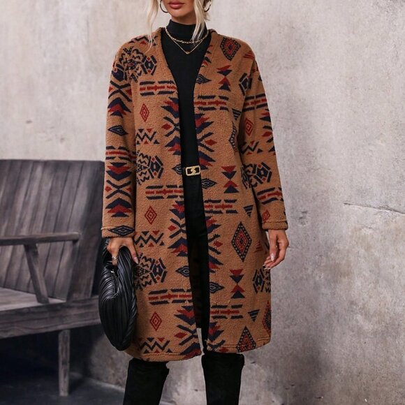 . Jackets & Blazers - Brown Preppy Womens Geo Print Drop Shoulder Open Front Coat